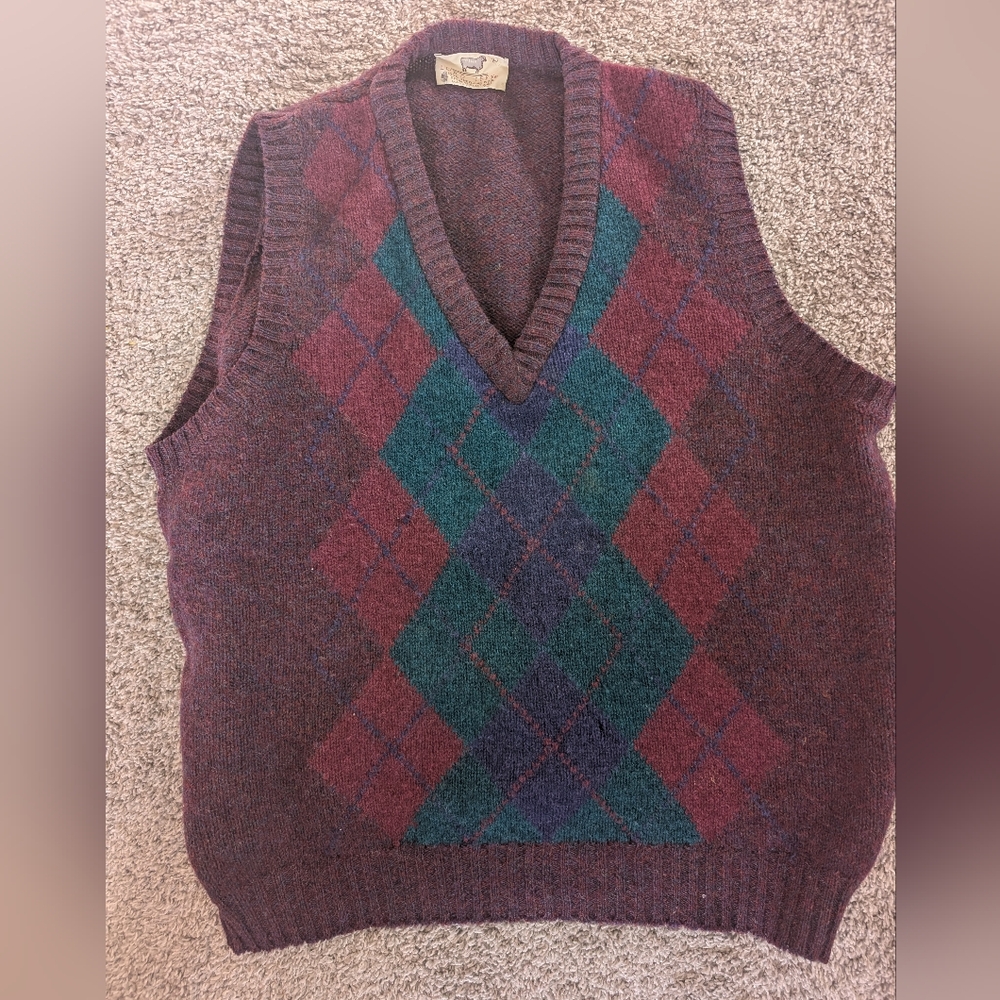 Vintage Lord Jeff Argyle Sweater Vest Mens Large Burgundy Wool Blend